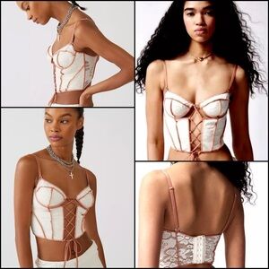 Out From Under Corsé Kiera Lace-Up Lace-Up Corset Top - Cream and Tan Coquette M